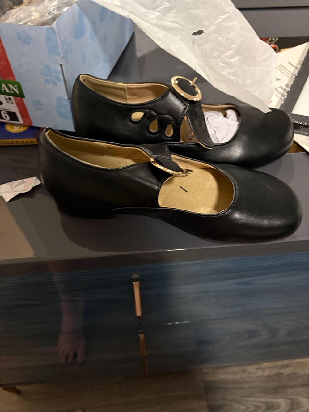 Classic Black Mary Jane Flats with Gold Buckle